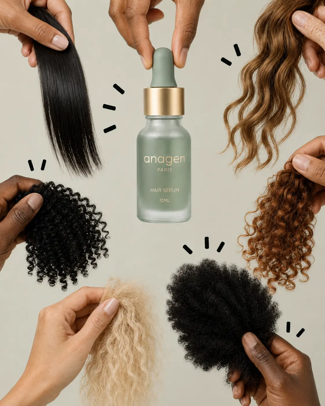 Anagen Paris Hair Serum framed by different hair textures
