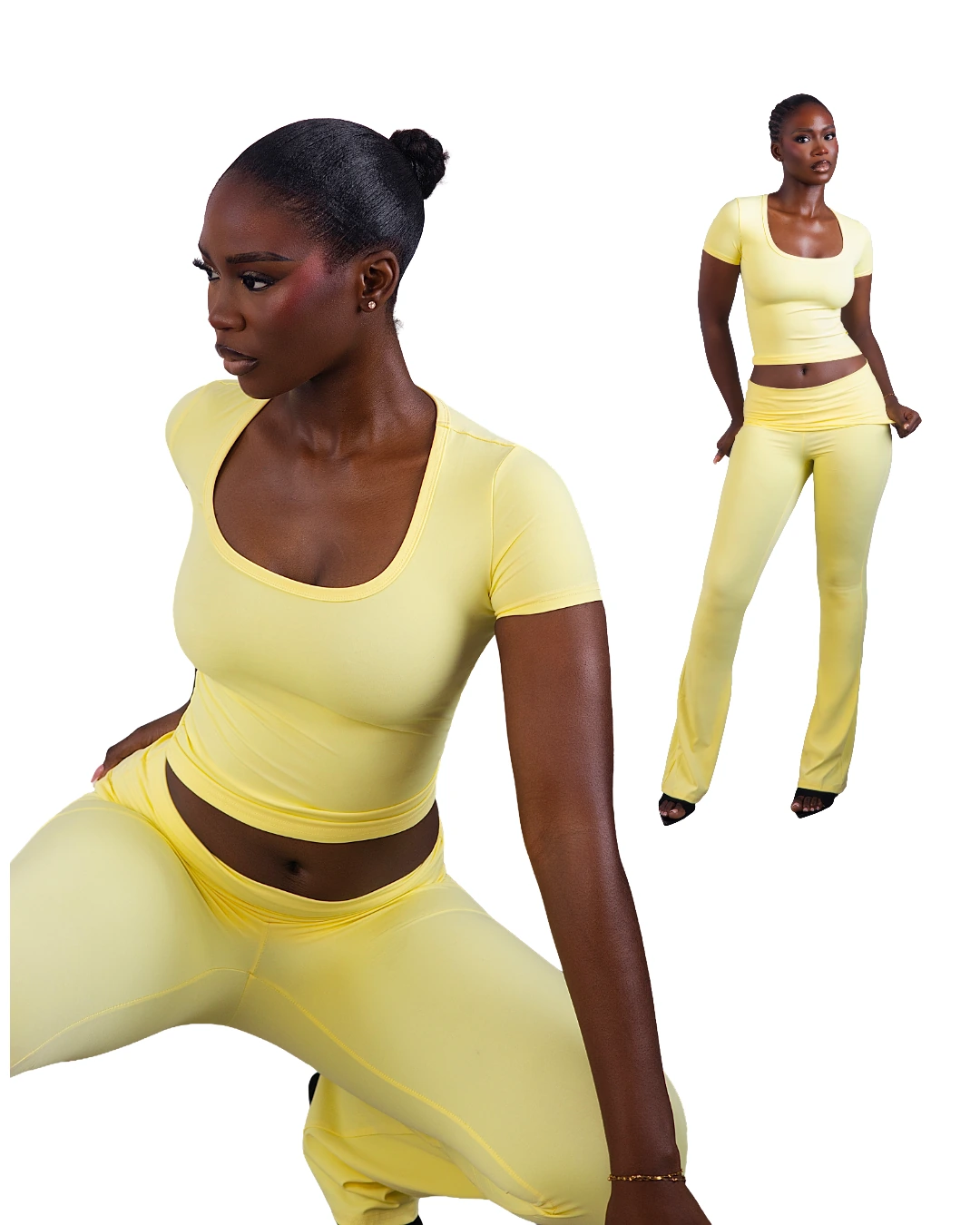 KAYCLO butter-yellow lounge set with portrait and full-length styling